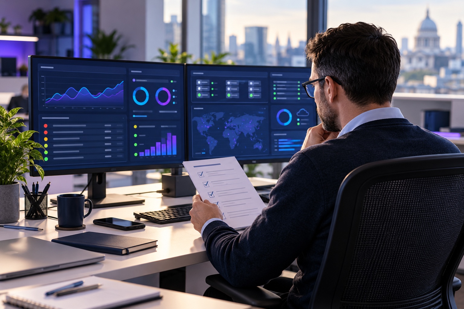 IT manager reviewing systems and a daily operations checklist
