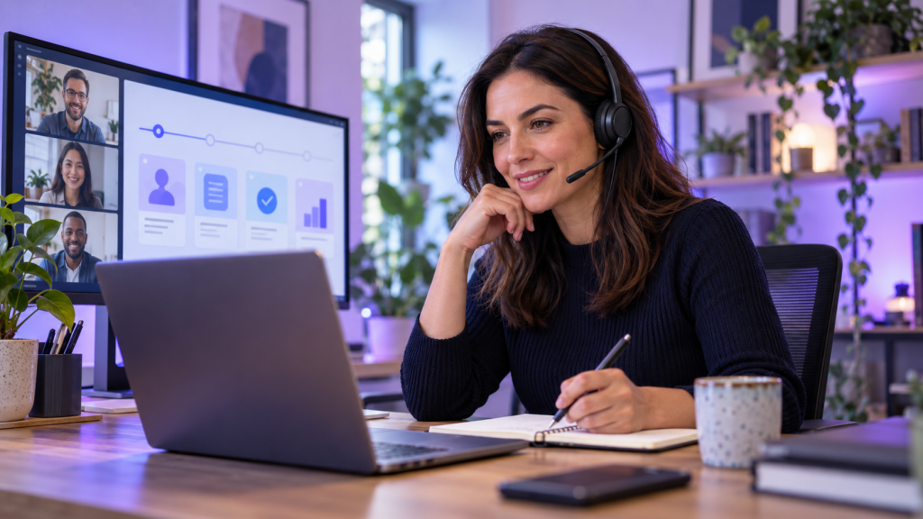 Account manager leading a customer onboarding call from a remote workspace