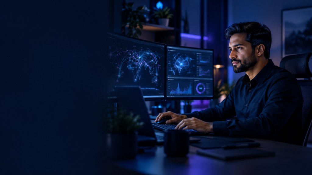 Cyber security analyst monitoring threats from a remote workspace