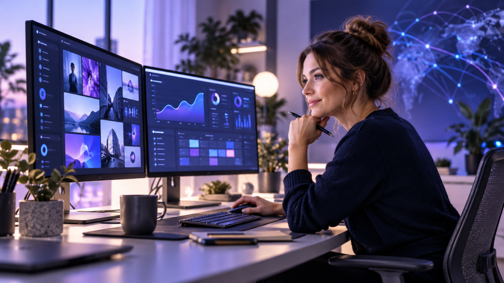 Social media manager creating digital content from a remote workspace