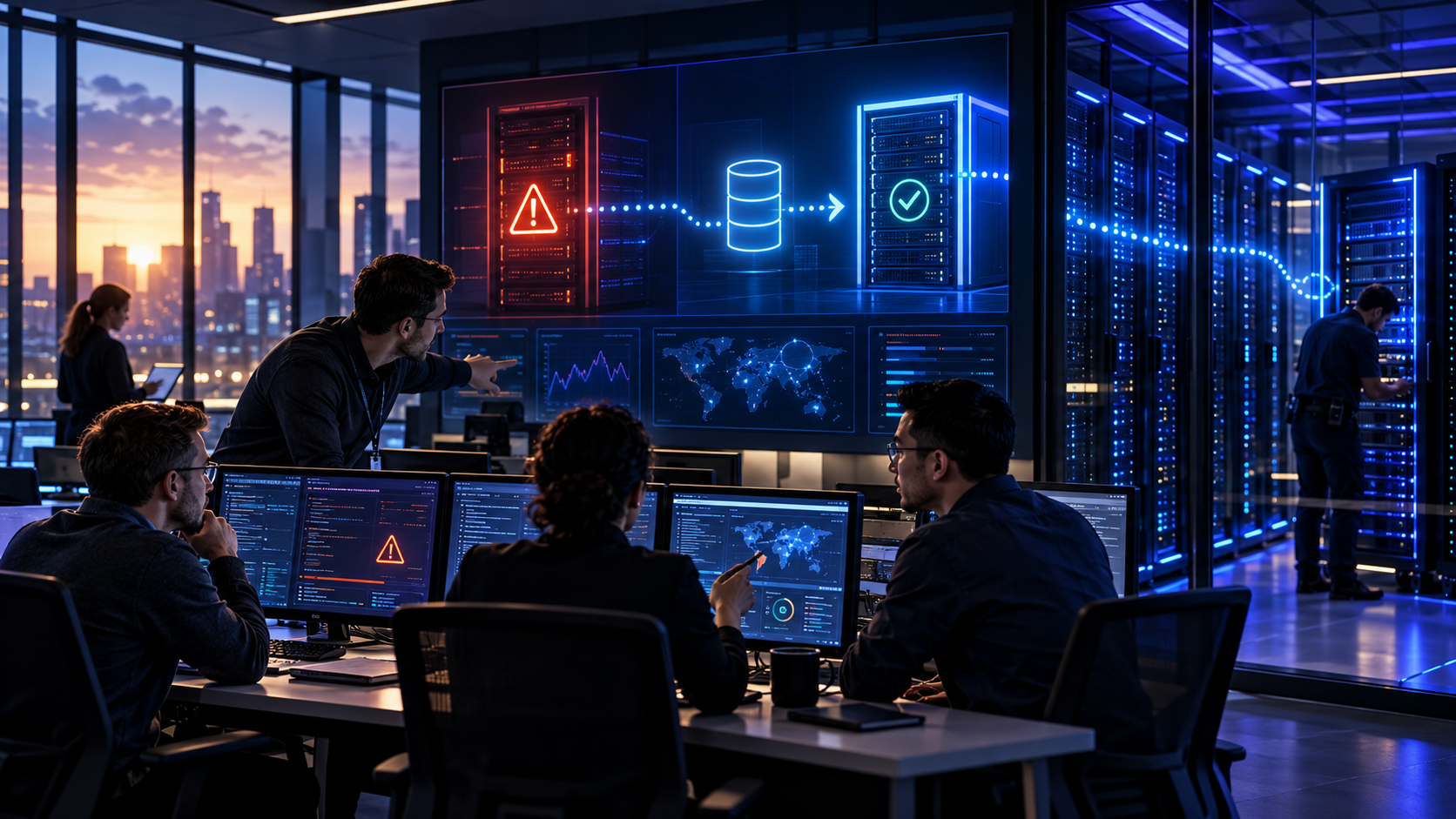 Technical team coordinating recovery from a business server failure