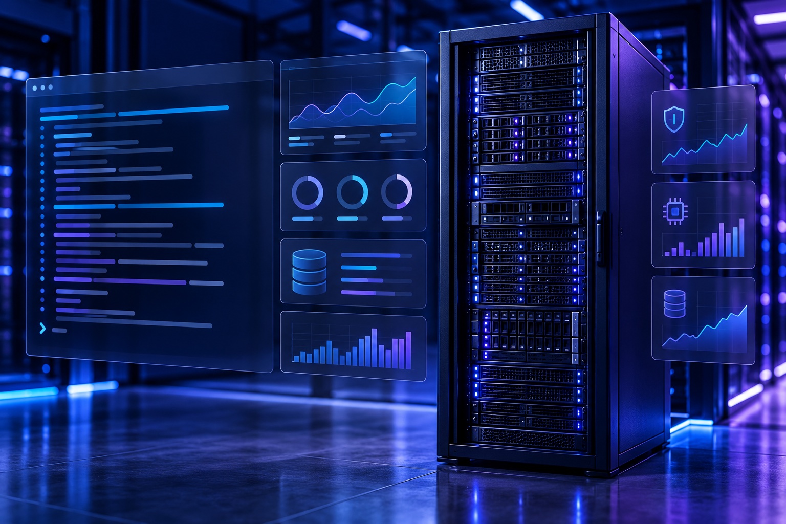 Windows Server rack with PowerShell health monitoring dashboard